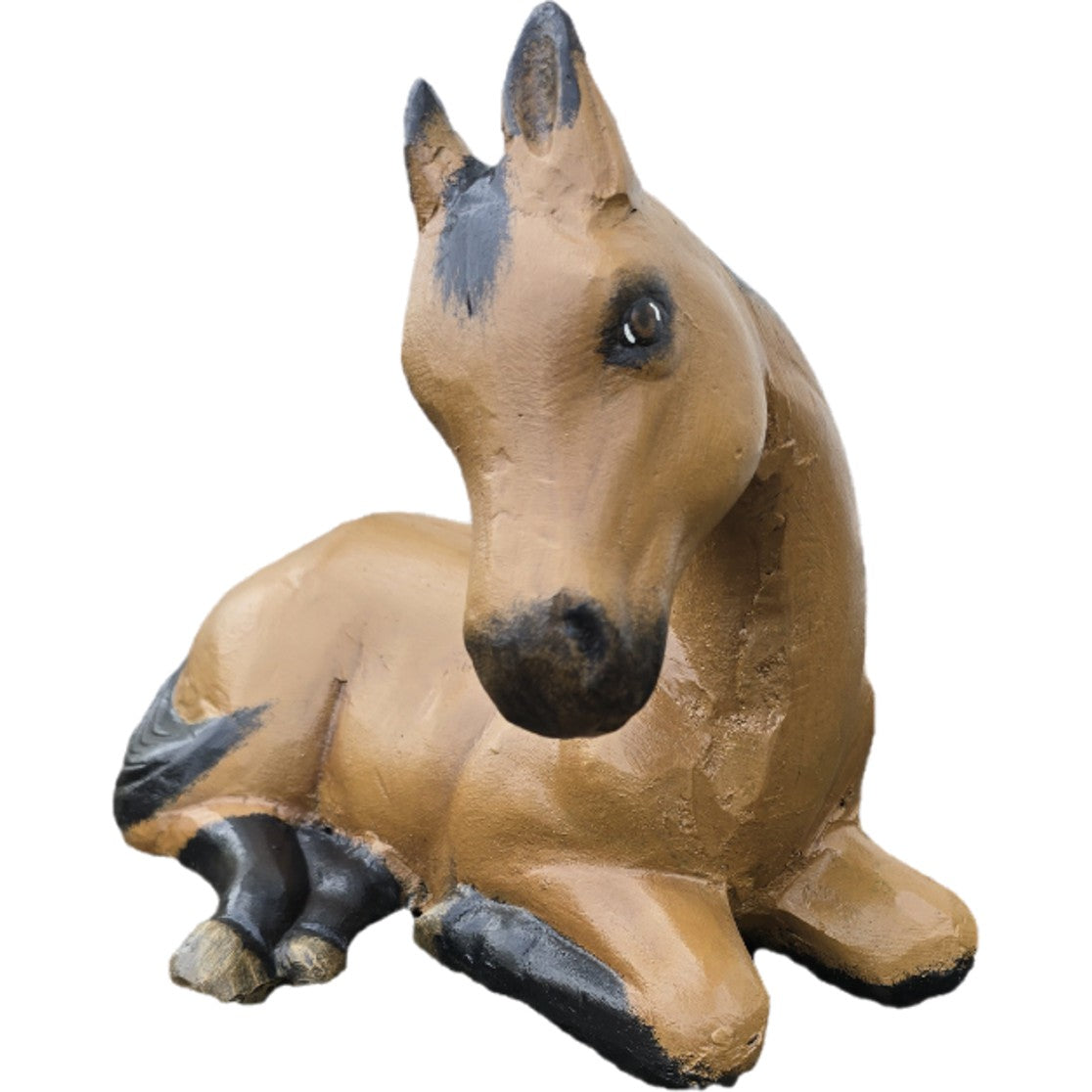 Cast aluminum lying horse statue for yard or home decor, tan with black accents