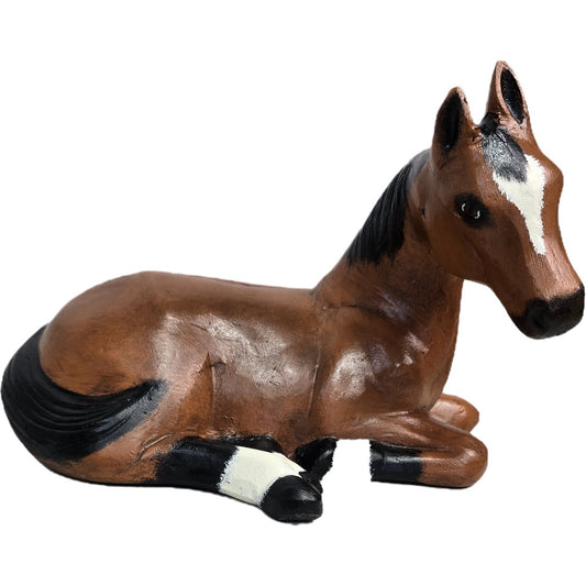 Cast aluminum lying horse statue for yard or home decor, brown with white blaze and black mane