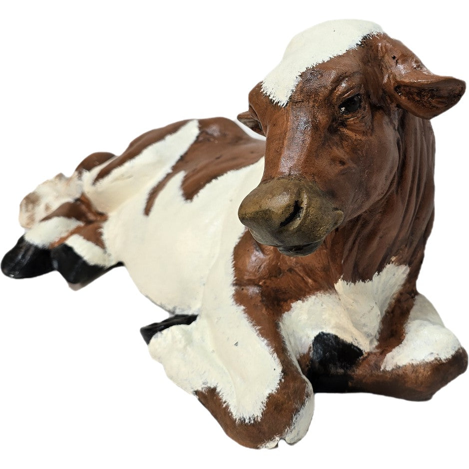 Cast aluminum brown and white cow statue for garden or yard decor