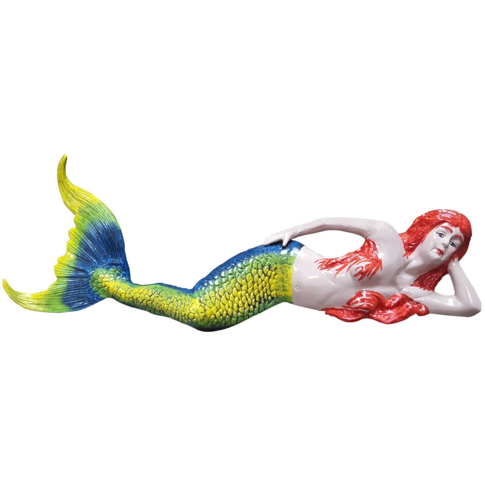Colorful mermaid statue with red hair and blue-green tail, perfect for garden or yard decor