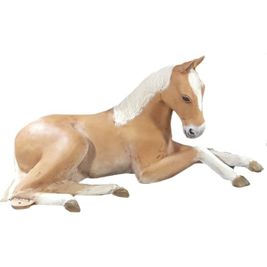 Cast aluminum foal statue for yard or home decor, lifelike lying pose with white mane and markings