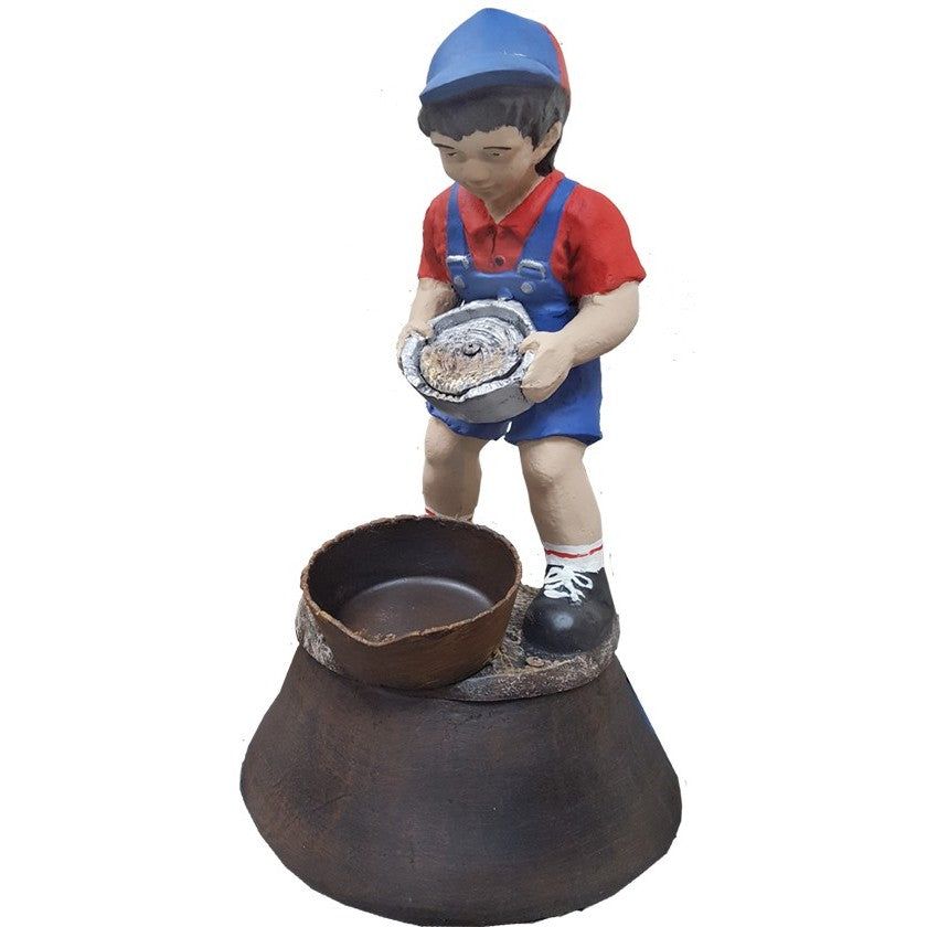 Cast aluminum boy statue holding pie, standing by bowl, garden decor