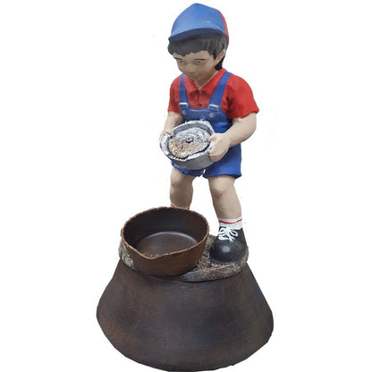 Cast aluminum boy statue holding pie, standing by bowl, garden decor