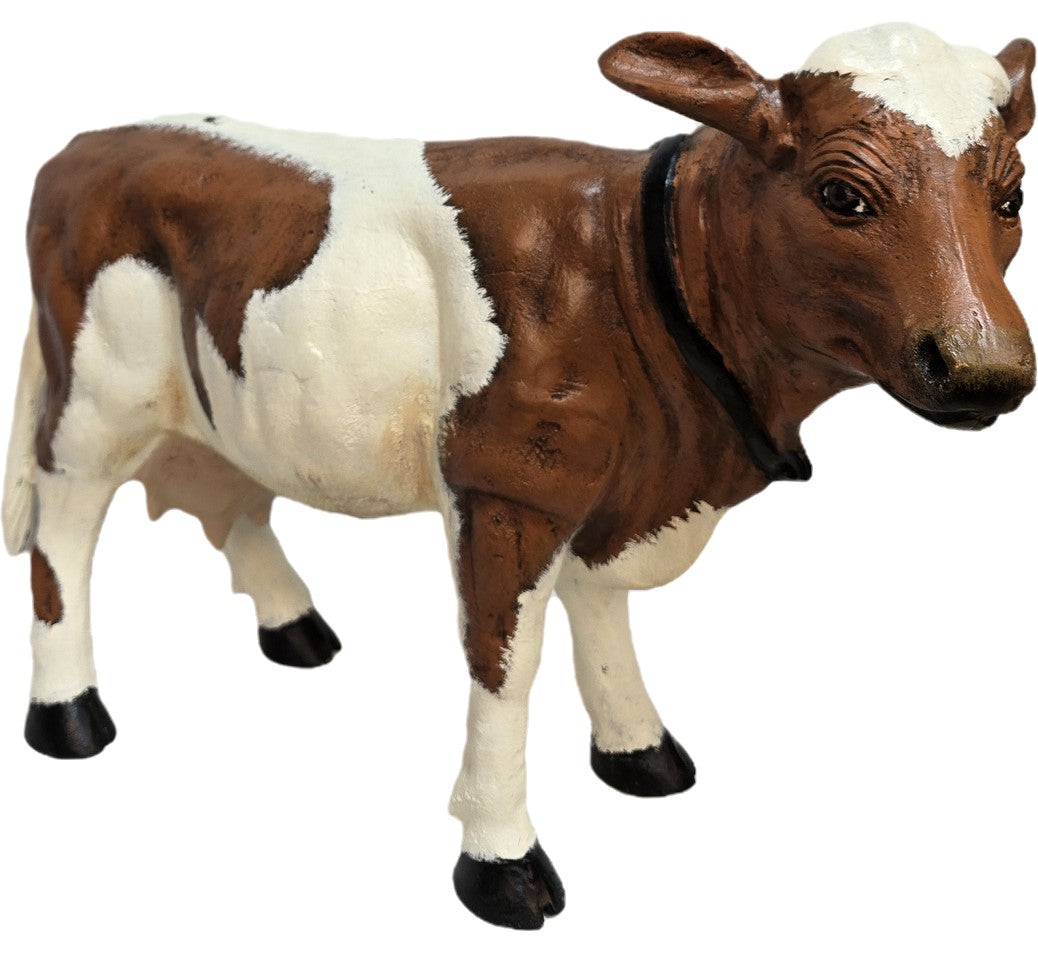 Cast aluminum brown and white cow statue for yard or home decor