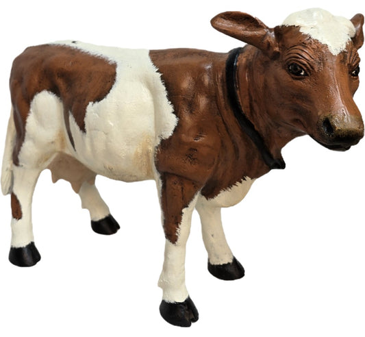 Cast aluminum brown and white cow statue for yard or home decor