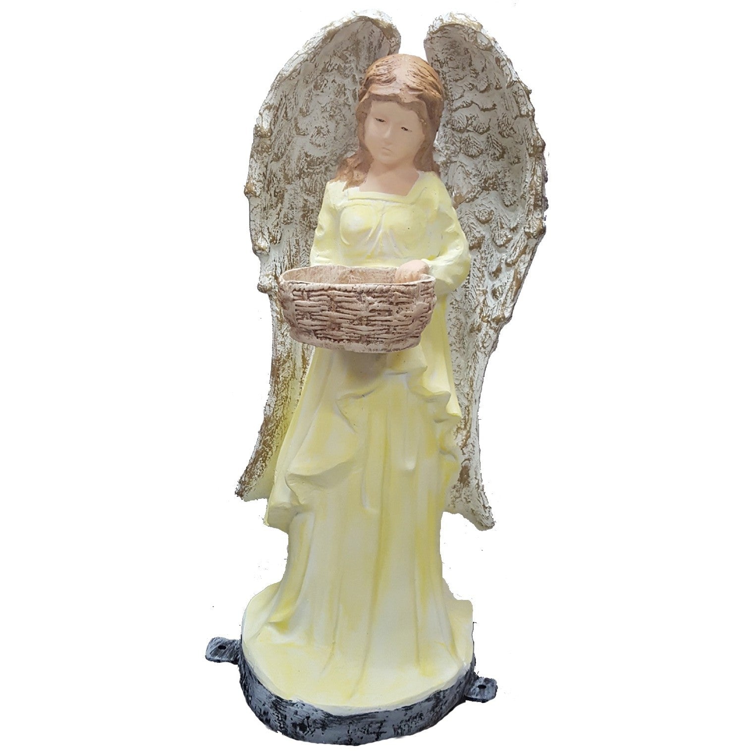 Cast aluminum angel statue with wings holding basket, for home or yard decor