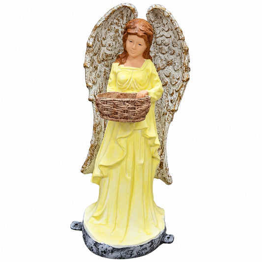 Cast aluminum angel holding a basket for indoor or outdoor design spaces