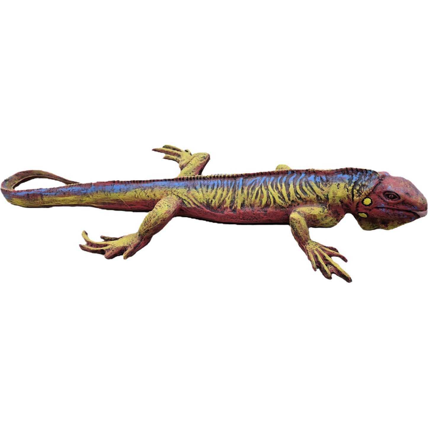 Colorful cast aluminum iguana statue for garden or yard decor, featuring vibrant red, yellow, and blue hues.