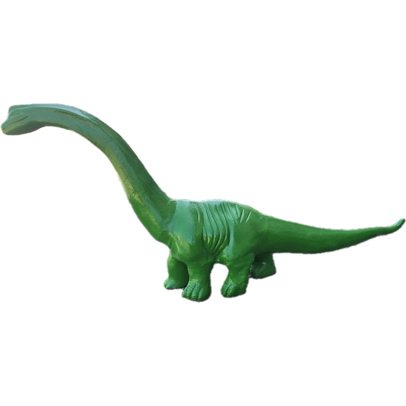 Green cast aluminum Brontosaurus statue for yard or home decor, durable outdoor dinosaur sculpture