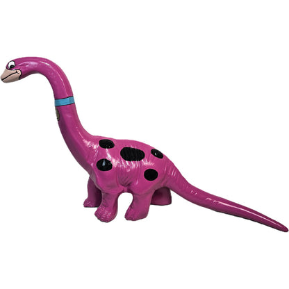 Pink spotted dinosaur statue with blue collar, cast aluminum yard decor for home or garden