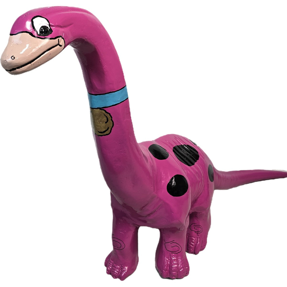 Pink dinosaur statue with black spots and blue stripe, cast aluminum yard decor for home or garden