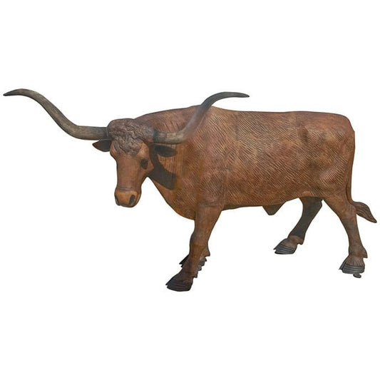 Cast aluminum longhorn bull statue for yard or home decor, rustic brown finish with detailed horns