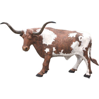 Cast aluminum longhorn bull statue for yard or home decor, brown and white spotted with curved horns