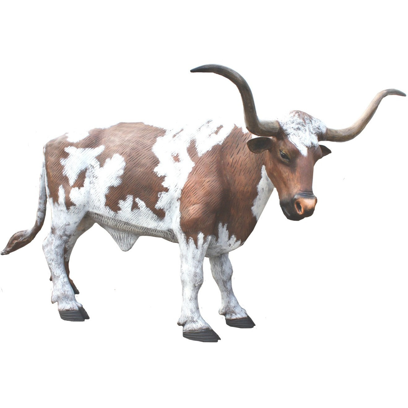 Cast aluminum longhorn bull statue for yard or home decor, brown and white spotted with curved horns