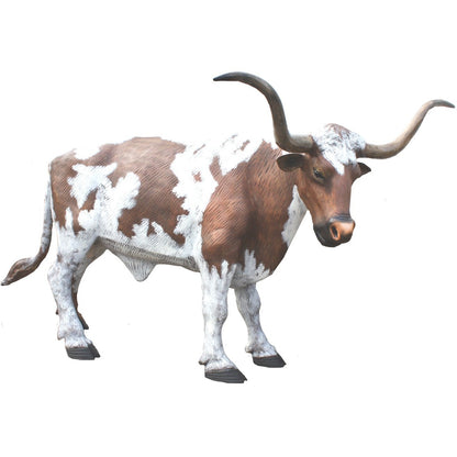 Cast aluminum longhorn bull statue for yard or home decor, brown and white spotted with curved horns