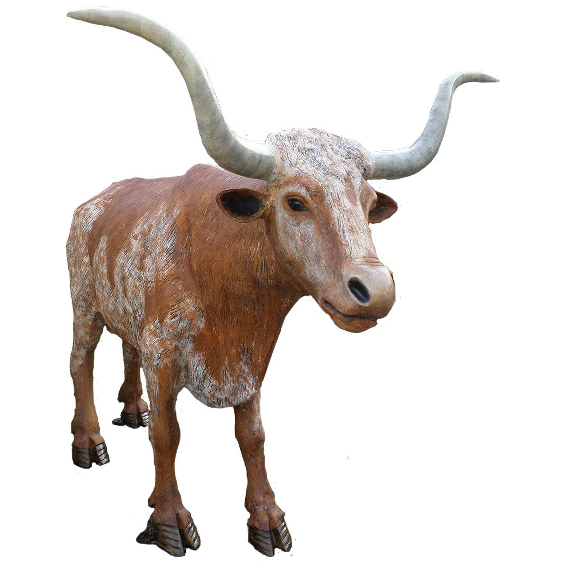Cast aluminum longhorn bull statue for yard or home decor, rustic brown finish with weathered texture