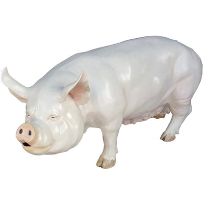 White cast aluminum pig statue for yard or home decor, detailed craftsmanship