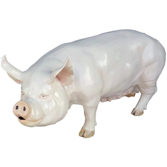 White cast aluminum pig statue for yard or home decor, detailed craftsmanship