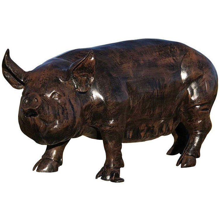 Cast aluminum pig statue for garden or yard decor, rustic bronze finish, outdoor animal sculpture