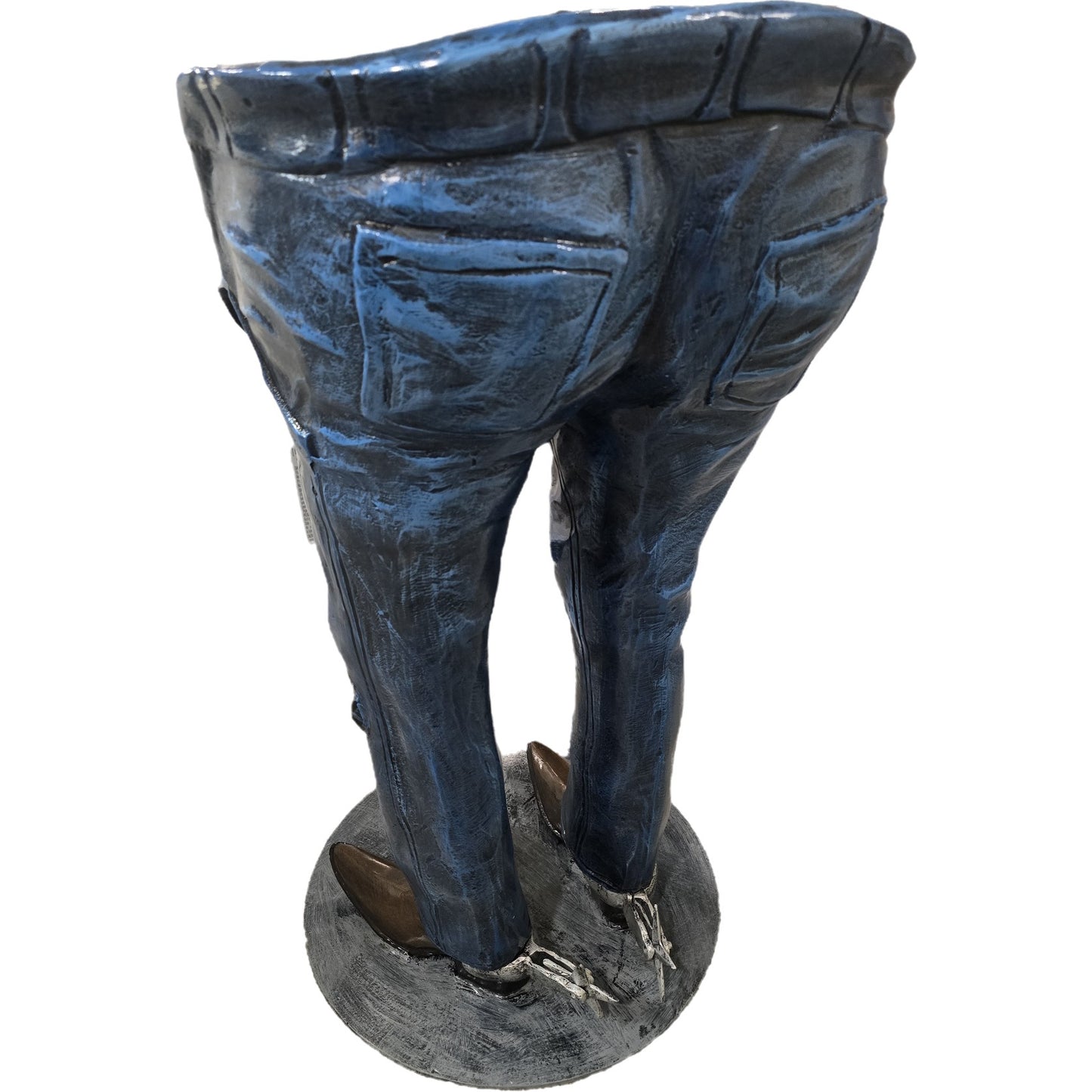 Cast aluminum statue of jeans and boots, outdoor yard decor with rustic finish