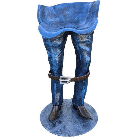 Blue cast aluminum cowboy pants statue with belt and boots for yard decor