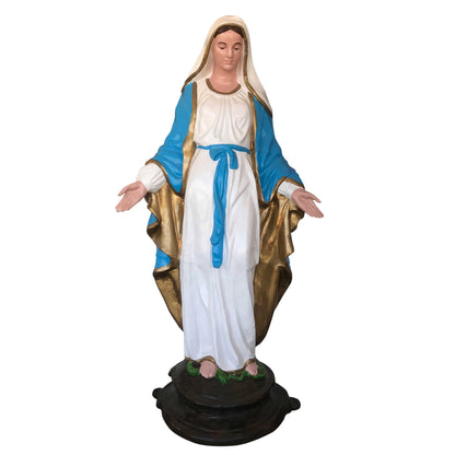 Cast aluminum Our Lady statue with blue and gold robe, ideal for garden or home decor