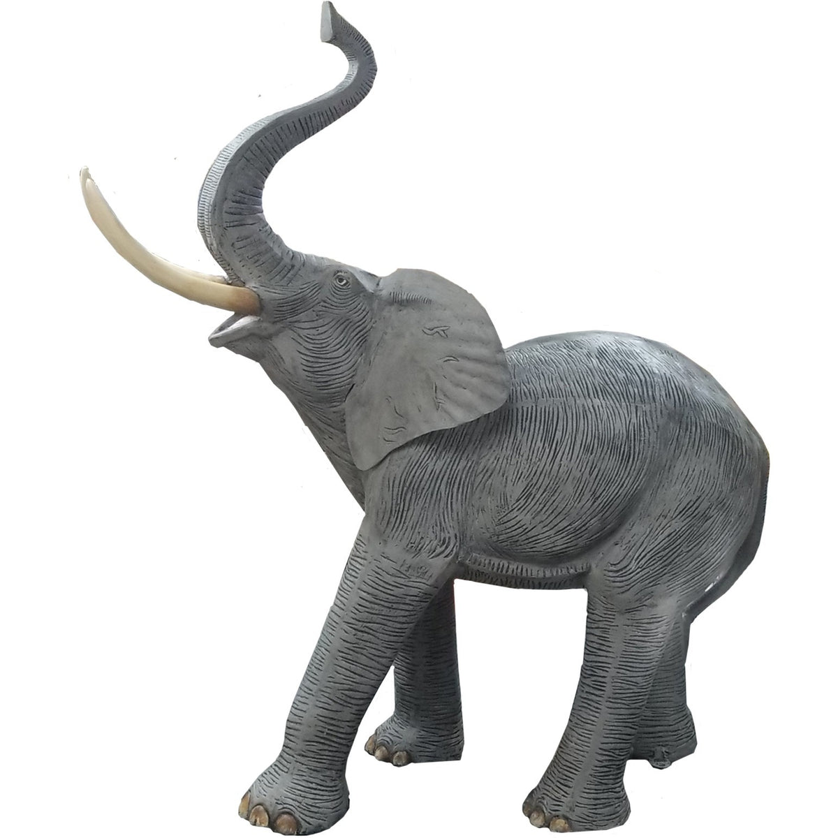 Cast aluminum elephant statue with raised trunk, ideal for yard or home decor