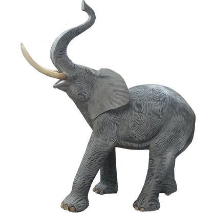 Cast aluminum elephant statue with raised trunk, ideal for yard or home decor