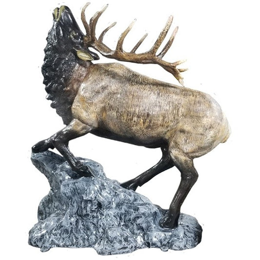 Cast aluminum elk statue with detailed antlers, standing on rocky base for yard or home decor