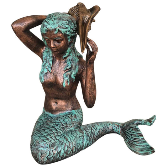 Cast aluminum mermaid statue with green patina, holding seashell, for garden or home decor