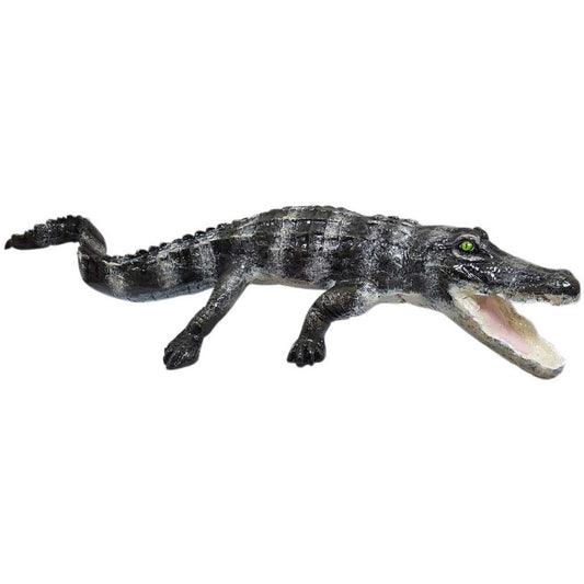 Cast aluminum alligator statue with open mouth, green eyes, for yard or home decor