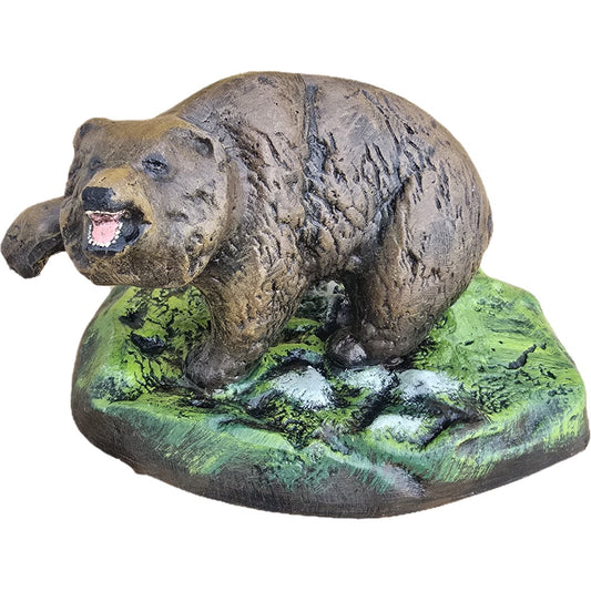 Cast aluminum bear statue with open mouth, standing on green mossy base for yard or home decor