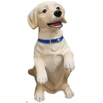 Cast aluminum Labrador puppy statue with blue collar, perfect for yard or home decor
