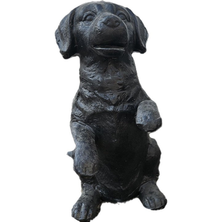 Cast aluminum puppy statue for yard or home decor, sitting with paw raised