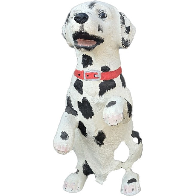 Cast aluminum Dalmatian dog statue with red collar, perfect for yard or home decor