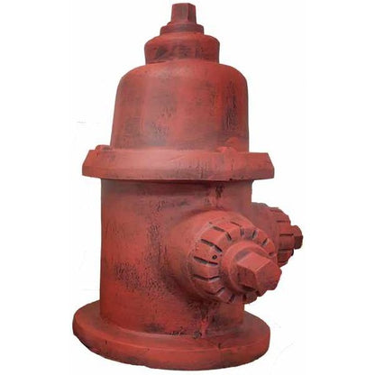 Red cast aluminum fire hydrant statue for yard or home decor, rustic finish, outdoor accent piece