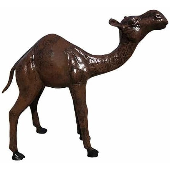 Cast aluminum camel statue for outdoor yard or garden decor, rustic bronze finish