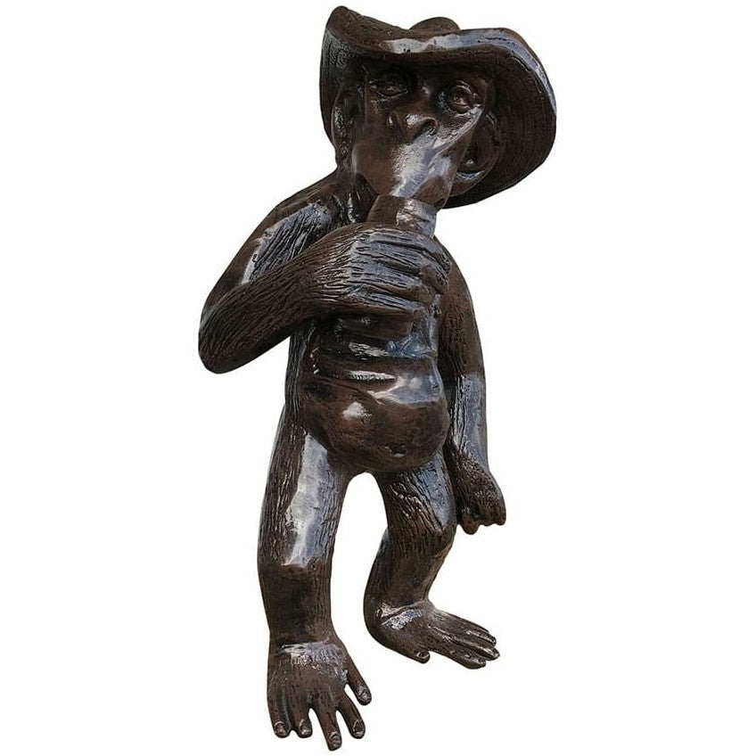 Cast aluminum monkey statue wearing cowboy hat, rustic outdoor decor for yard or garden