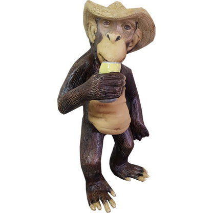 Cast aluminum monkey statue wearing cowboy hat, holding drink, for yard or home decor