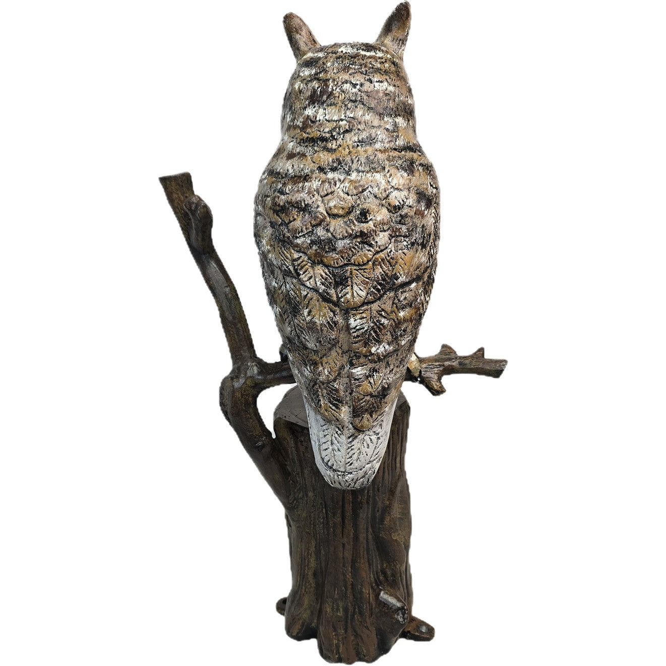 Cast aluminum owl statue perched on tree branch for yard or home decor