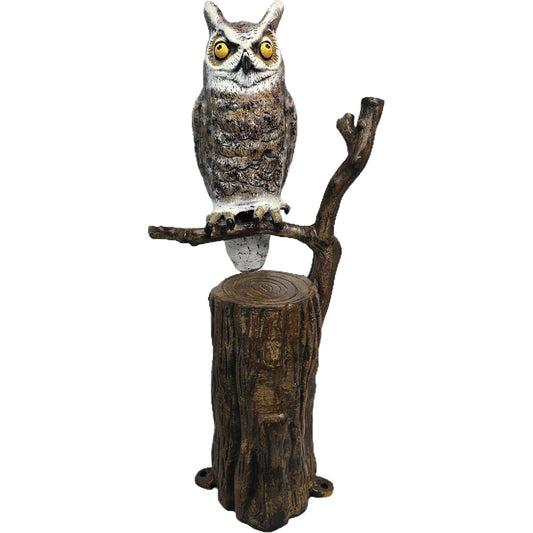 Cast aluminum owl statue perched on tree stump for yard or home decor