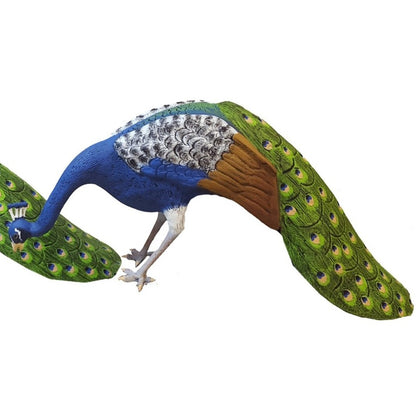 Cast aluminum peacock statue with vibrant blue and green feathers for yard or garden decor