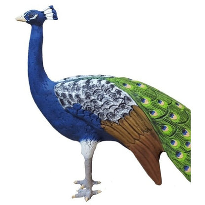 Cast aluminum peacock statue with vibrant blue and green feathers for garden or yard decor