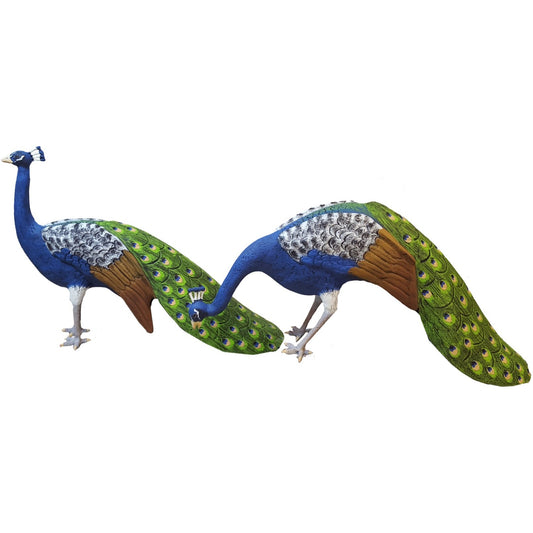 Cast aluminum peacock statues for garden or yard decor, vibrant blue and green with detailed feathers