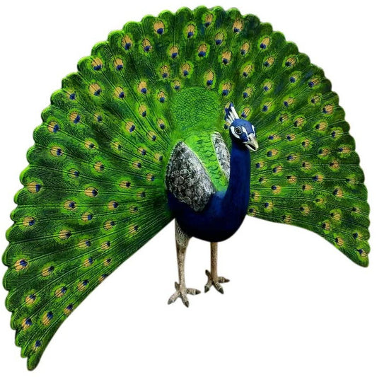 Cast aluminum peacock statue with vibrant green and blue feathers, perfect for yard or garden decor