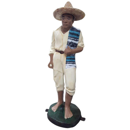 Cast aluminum statue of man in sombrero and striped shawl, yard decor