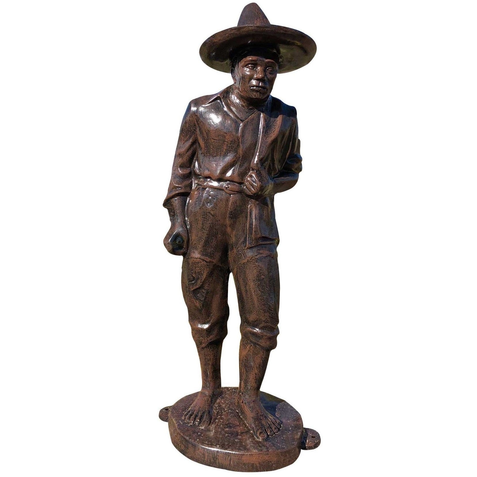 Cast aluminum statue of a man in wide-brimmed hat, ideal for yard or home decor