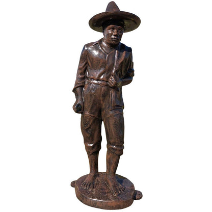 Cast aluminum statue of a man in wide-brimmed hat, ideal for yard or home decor