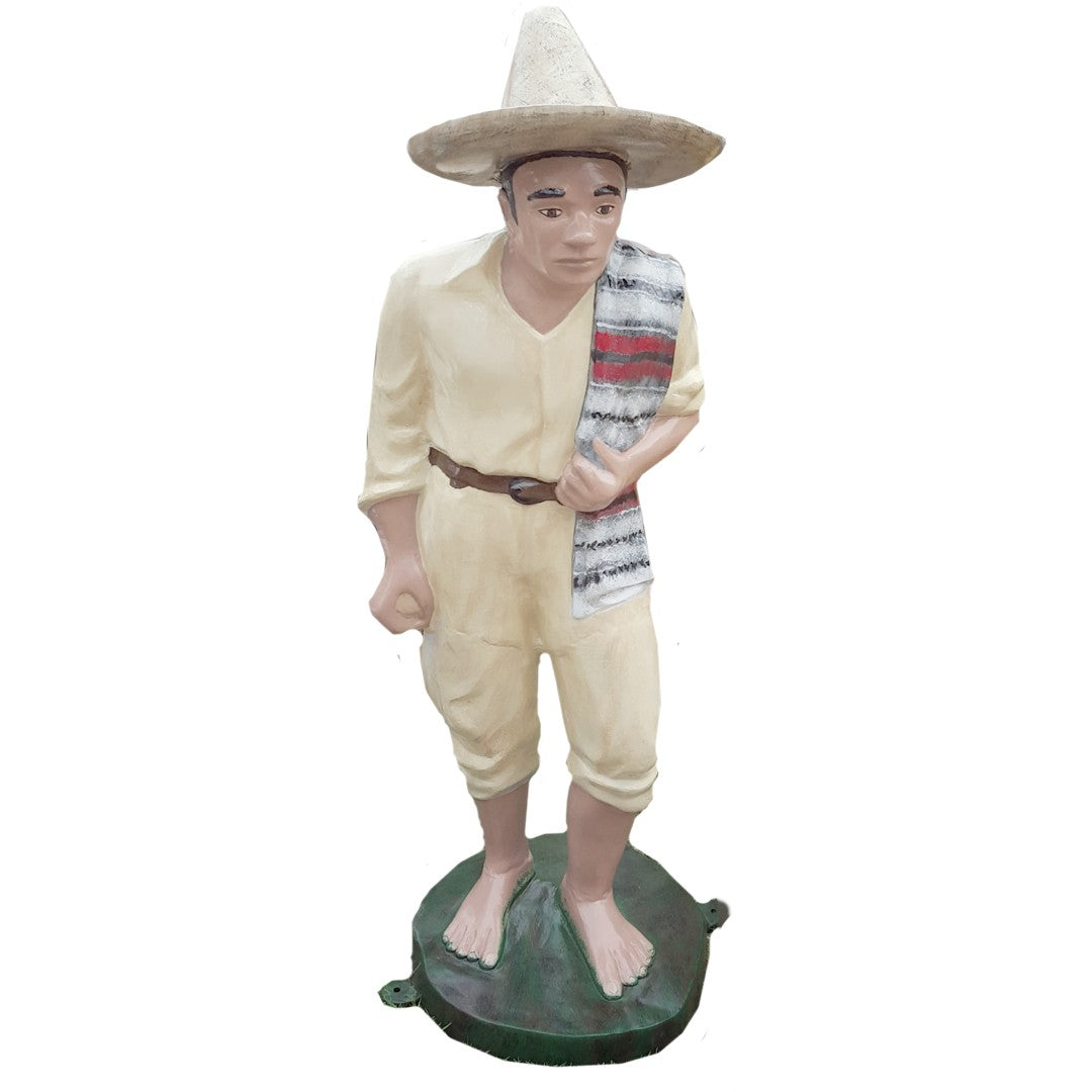 Cast aluminum statue of man in sombrero with striped shawl, ideal for yard or garden decor