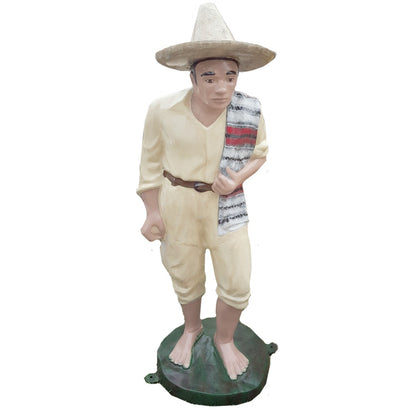 Cast aluminum statue of man in sombrero with striped shawl, ideal for yard or garden decor